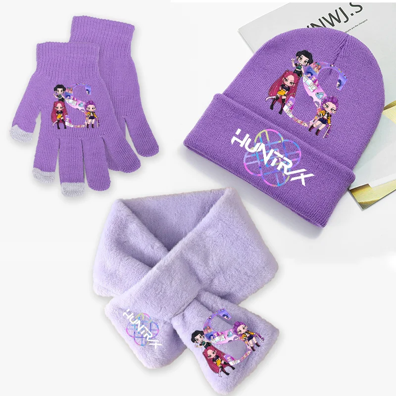 

Demon Hunters Kpop 3pcs Knitted Hat Gloves Neckerchief Set Winter Girl Children Letter Initials Scarf Knit Hats Warm Accessories