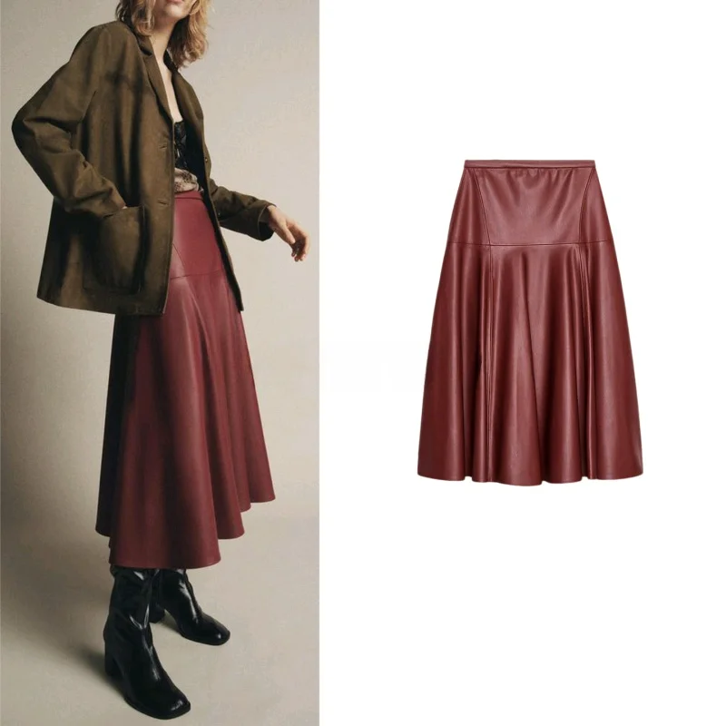 

Autumn New Arrival Casual Sle High Waist PU Leather Midi Skirt Women's Partial Skirt Folded Polyester Fiber Stand Fit