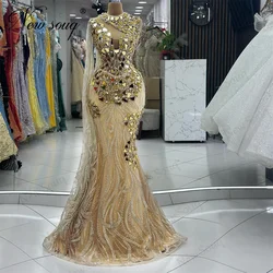 African Gold Sequins Evening Dresses Elegant Arabic Dubai Beading Prom Dress Cape Sleeves Crystals Wedding Party Gowns For Women