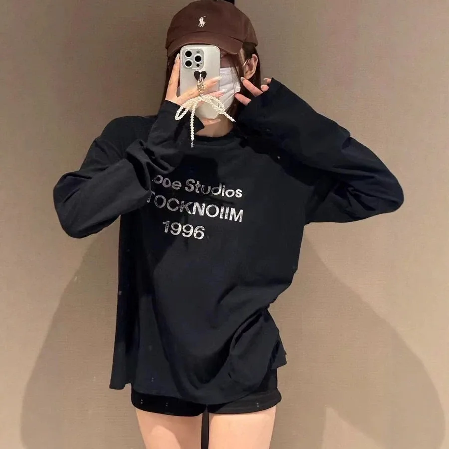 Autumn and Spring Girls' Personality American Retro Literary Black and White Letter Printed Versatile Long Sleeve Top