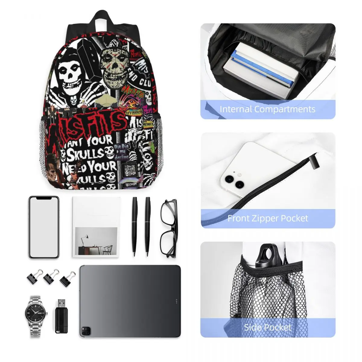 Misfits Totenkopf-Rucksack für Studenten, Jungen und Mädchen, Büchertasche, Kinder, Schultasche, Laptop, Umhängetaschen für Männer und Frauen