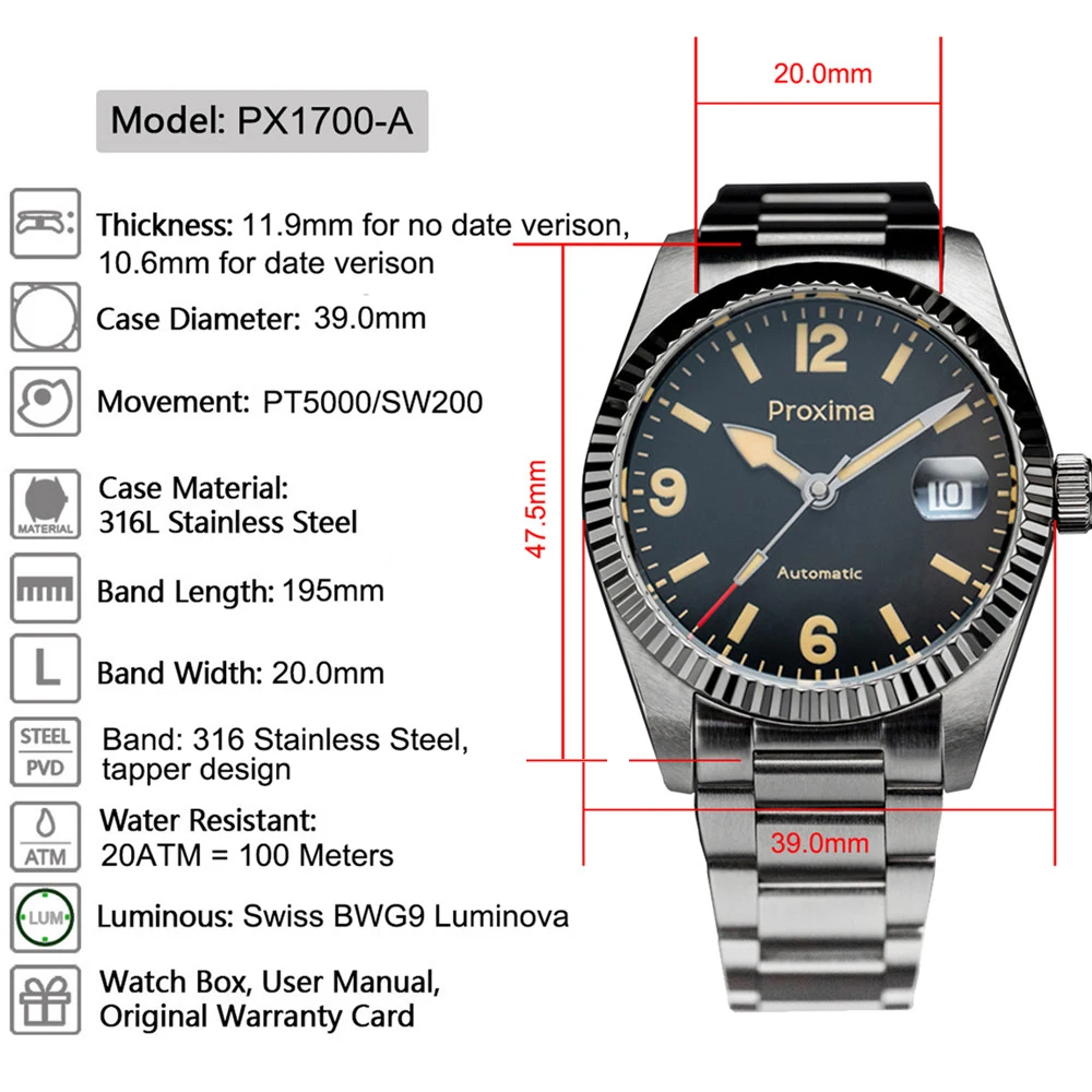 PX1700A 37mm Male Mechanical Watch Luxury SW200 Fluted Stainless Steel Bezel AR Sapphire Glass 100M Waterproof Men\'s Watches