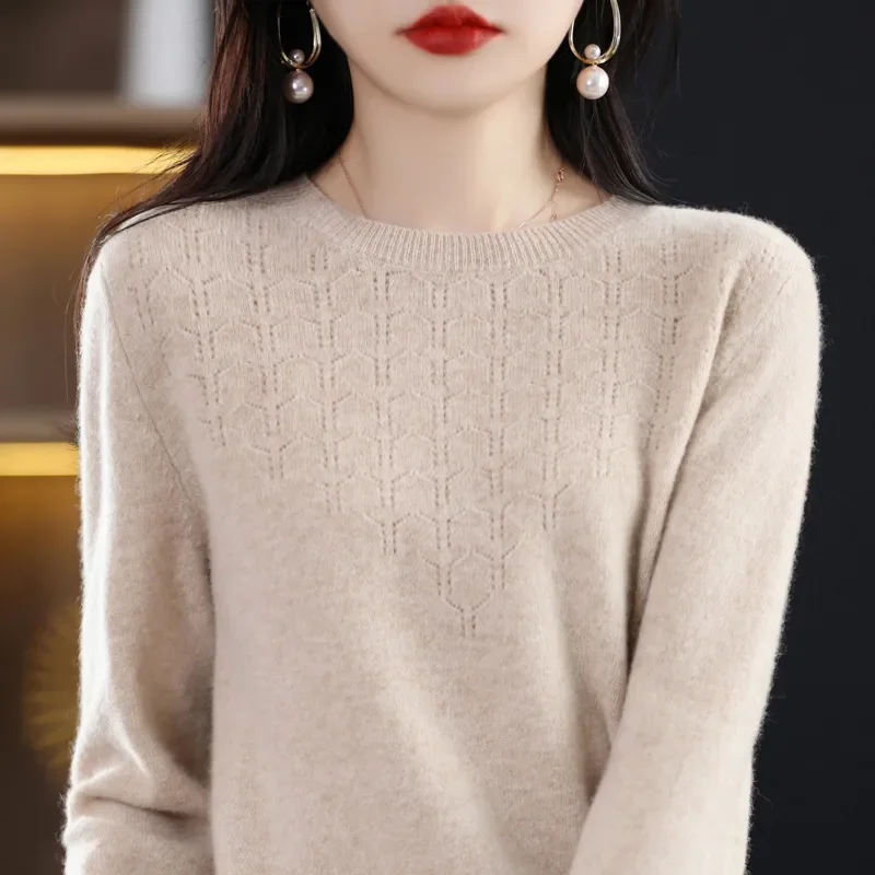 

Autumn Winter New Hollowed-Out Knitted Pullover Sweater Women Fashion O-Neck Long Sleeve Loose Knitwear Jumper Tops Female T1487