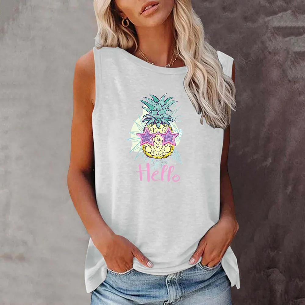 Seeyoushy Hello Funny Pineapple Print Y2K Aesthetic Top Summer Loose Casual Women's T-shirt Women's O Neck Sleeveless T-shirt