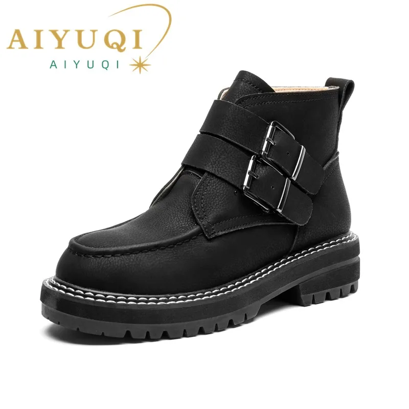 AIYUQI Women\'s Short Boots Large Size 2024 New Genuine Leather British Style Women Winter Boots Fashion Fur Women Ankle Boots