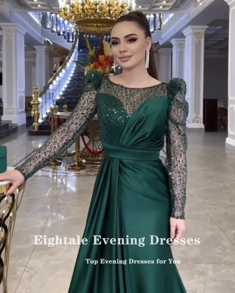 Eightale Emerald Green Evening Dresses O-Neck Glitter Long Sleeves Satin Customized Mermaid Party Prom Gown Vestidos De Noche