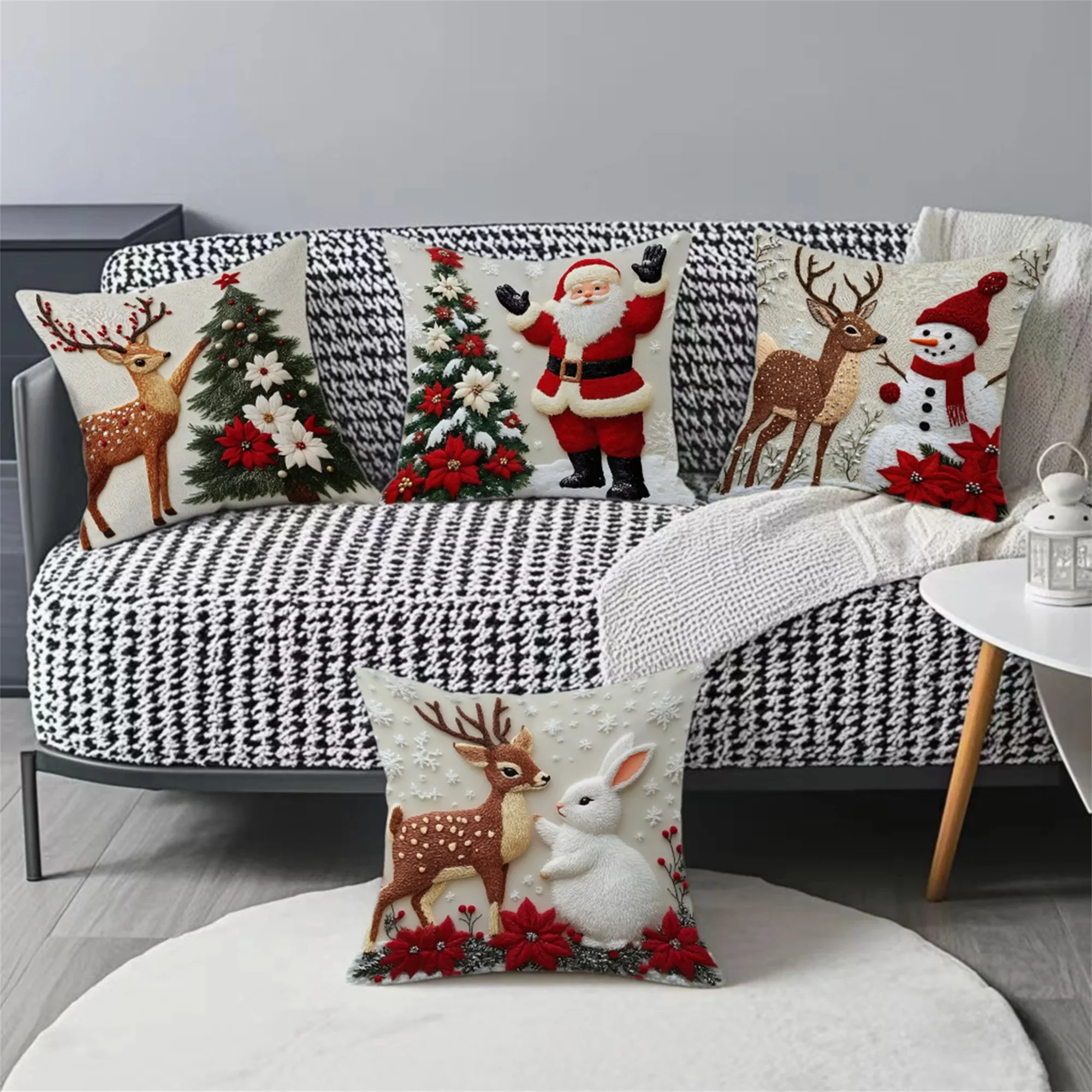 

Set of 4 Christmas Pillow Covers featuring Santa Claus Reindeer and Christmas Tree Designs - Festive Holiday Pillow Cases
