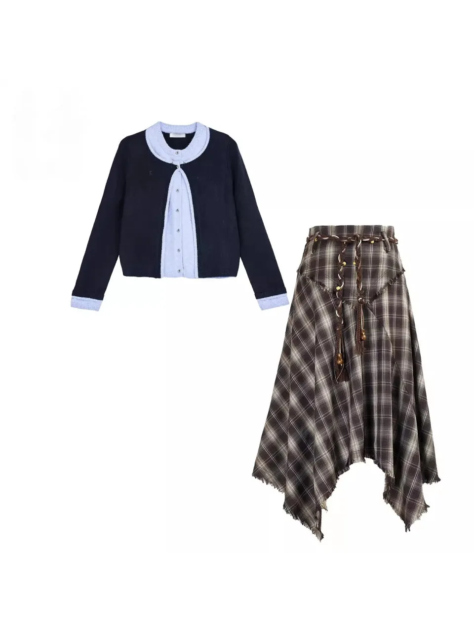 

Women's Spring Autumn Plaid Knitted Sweater Cardigan Coat Skirt Set Long Sve Asymmetric Design Casual Sle Faion Set