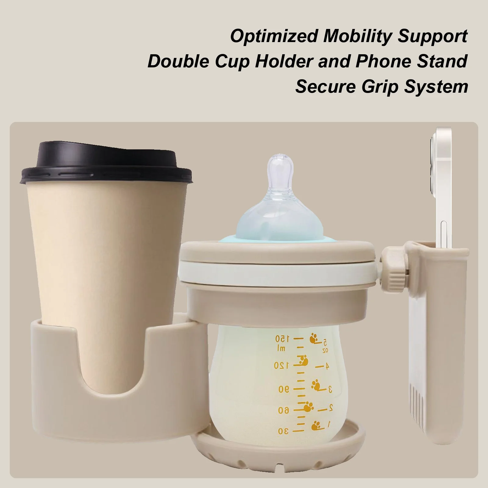 

Stroller Cup Holder 360-degree Rotatable Pram Water Bottle Rack With Phone Holder Multi-Functional Stroller Bottle Rack For