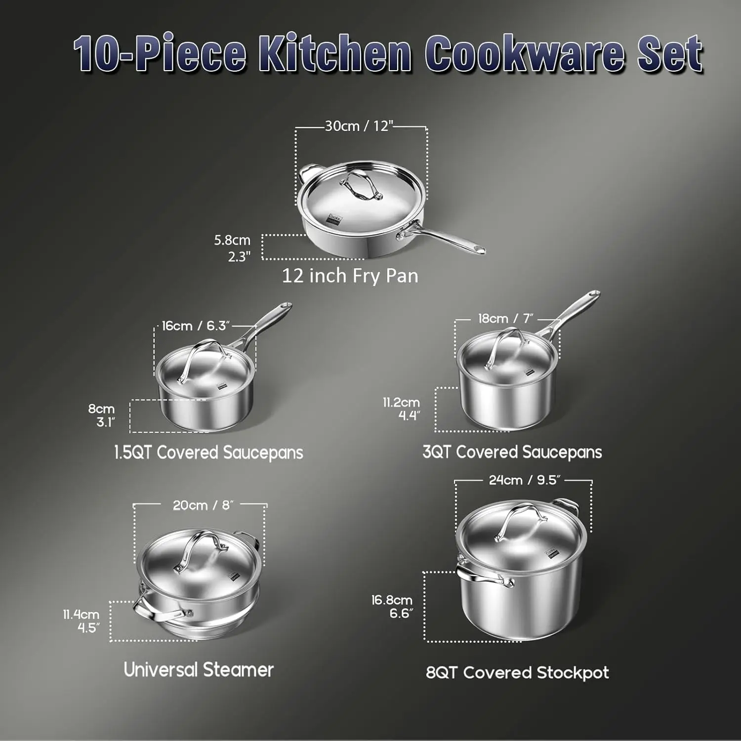 Cooks Standard Stainless Steel Kitchen Cookware Sets 10-Piece, Multi-Ply Full Clad Pots And Pans Cooking Set With Fry Pan,