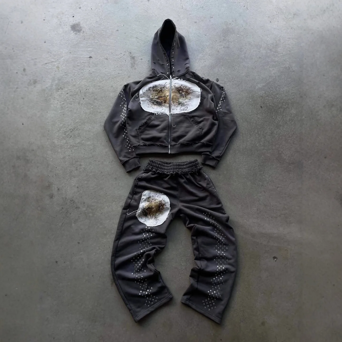 アメリカンスタイル 秋冬 ストリートファッション パーカー パッチワーク ローウエスト ドローストリング カジュアルパンツ セットアップ レディース