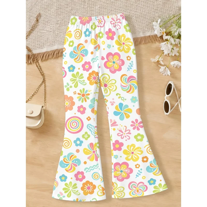 2026 Girls All Over Print Flare Pants Stretchy Bell Bottom Leggings Elastic Waist Pants for Tween Teens Back to School Outfit