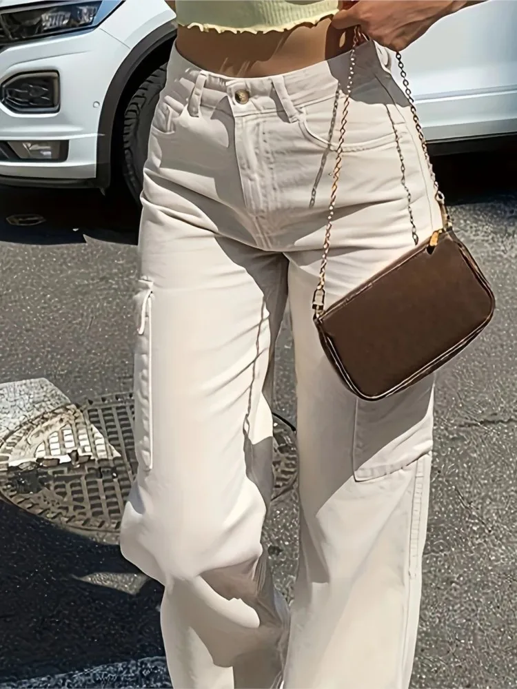 2025 New Fashion High Waist Straight Leg Jeans Casual Street Style Pocket Workwear Loose Long Trousers Women's Autumn Pants