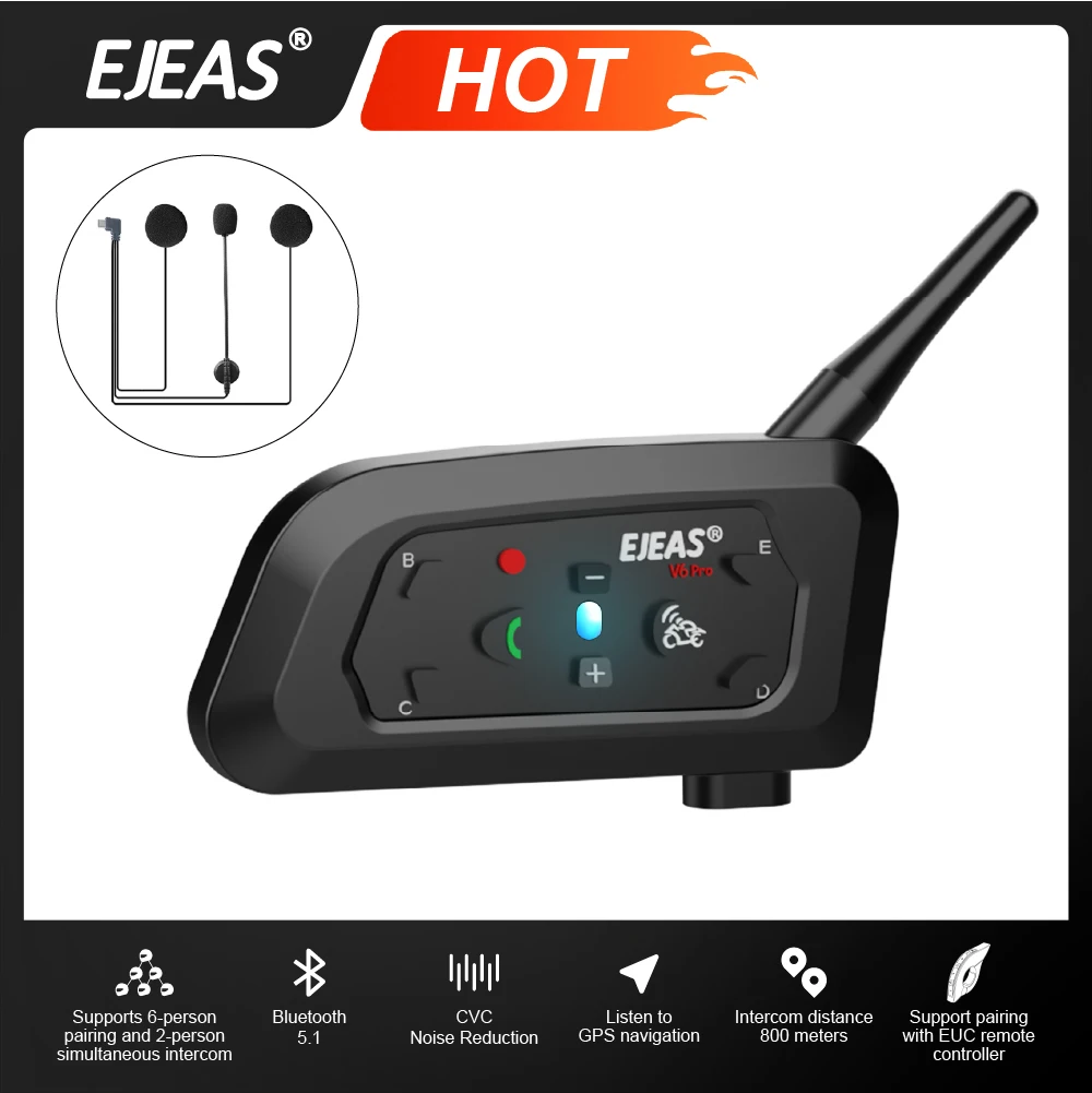 

EJEAS V6 Pro+ Мотоциклетный шлем Bluetooth 5.1 Гарнитура Домофон Коммуникация 2-сторонний 6 гонщиков 800 м IP67 для катания на мотоциклах и лыжах