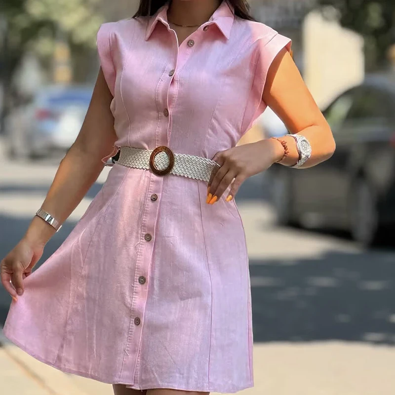 YENKYE Nowe Damskie Sukienki Koszulowe Bez Rękawów z Klapami, Paskiem, Zapinane na Guziki z Przodu, Codzienne Letnie Krótkie Sukienki Damskie Vestidos