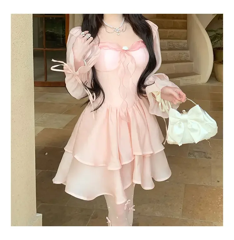 

Fairy Sweet Bow Long Sleeve Dress Kawaii Grunge Lantern Dresses Korean Y2k Aesthetic Ball Gown Square Collar Robe Women