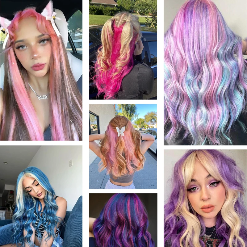 10 Uds. Extensiones de cabello con Clip rosa, peluca con reflejos para fiesta, peluca recta de color sintético para niñas y niños, uso en fiesta de Navidad