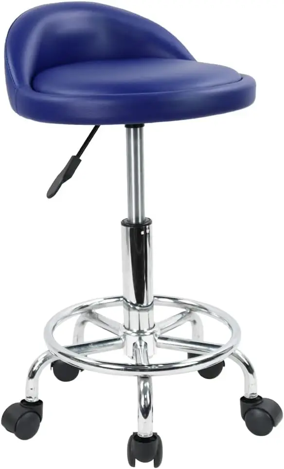 

Adjustable Height Rolling Stool with Foot Rest, Swivel Task Chair in Blue PU Leather