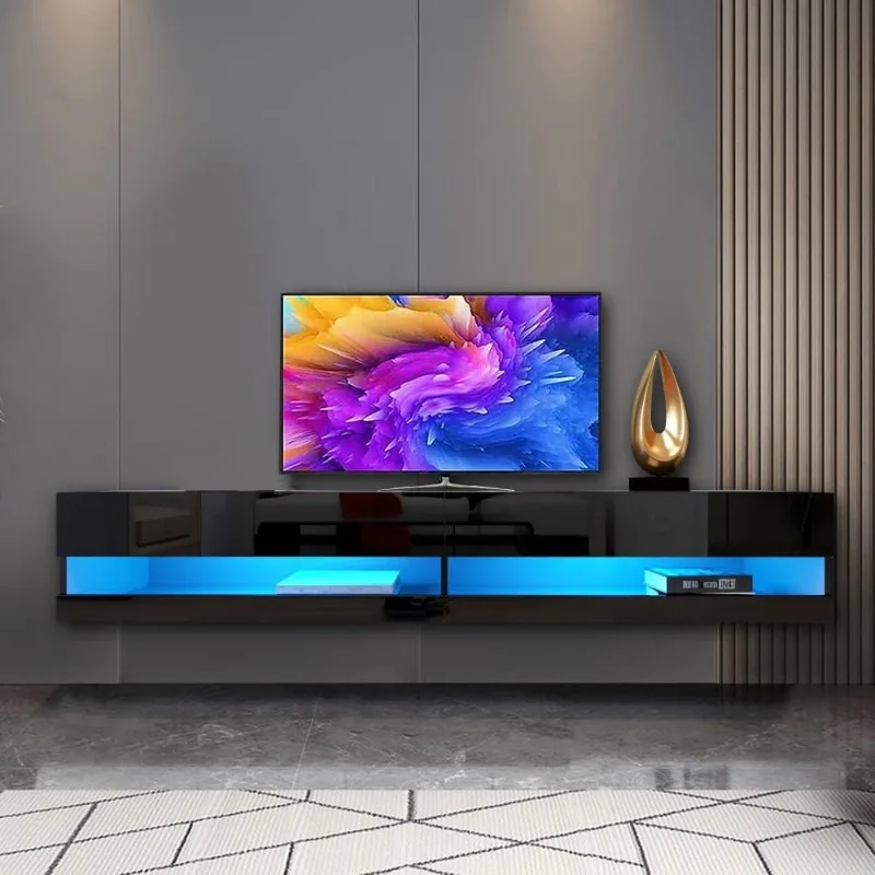 Floating LED TV Stand, Wall Mounted Entertainment Center with Storage and LED Light Socket Board, Modern High Gloss TV Stand.