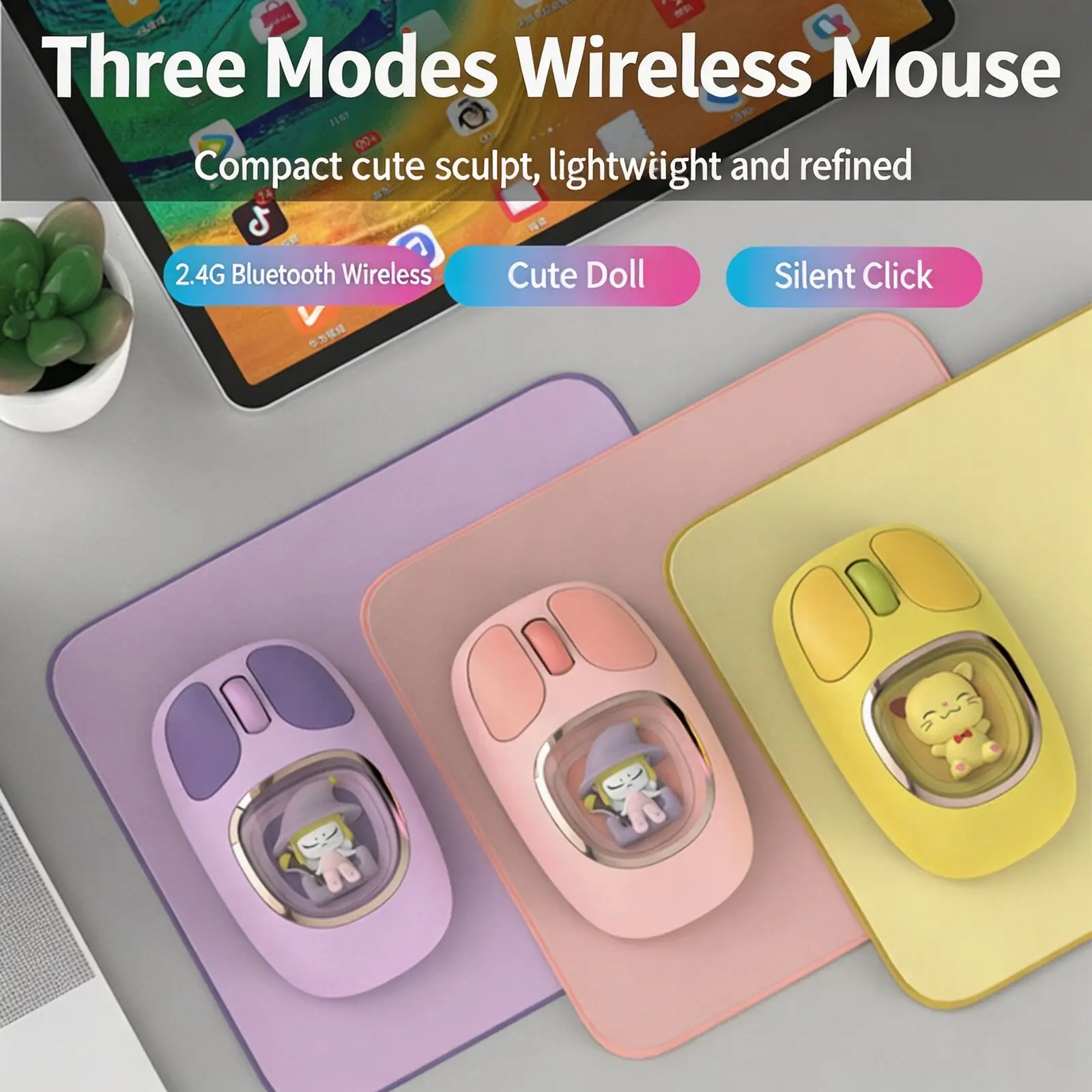 Cute Doll Wireless Mouse 2.4G+Bluetooth 5.0 Dual Mode Rechargeable Silent Ergonomic Computer Mice 500mAh For Laptop Tablet Phone