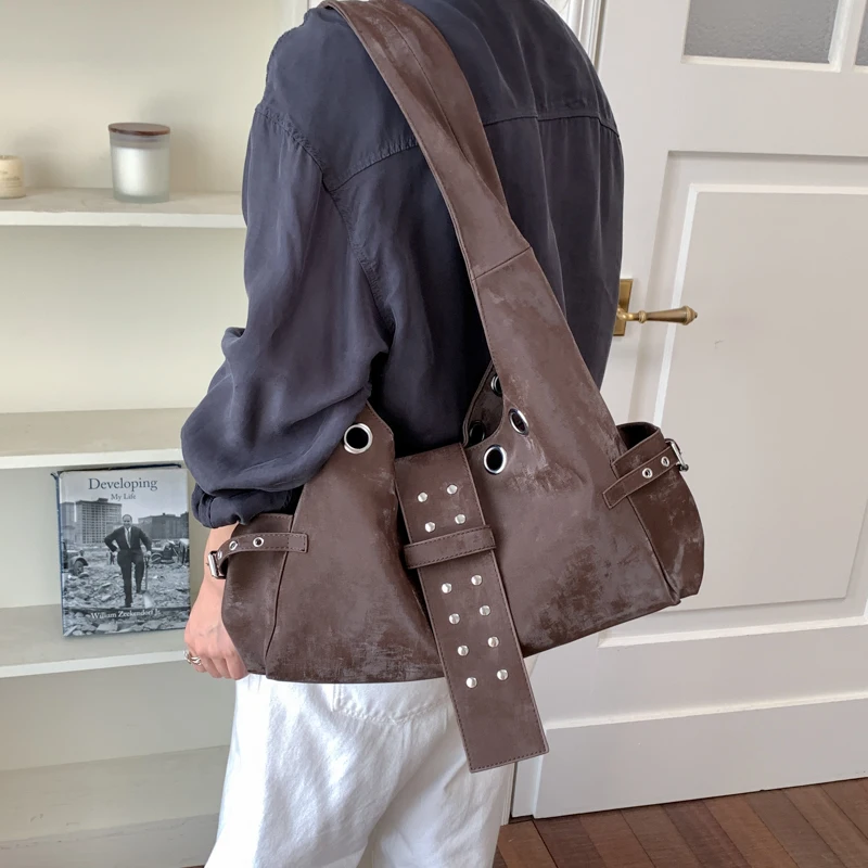 Large Capacity Trapeze Bag Designer Moto Style Women Shoulder Bags Retro Pu Leather Handbags Trend Underarm Tote Bag 2026