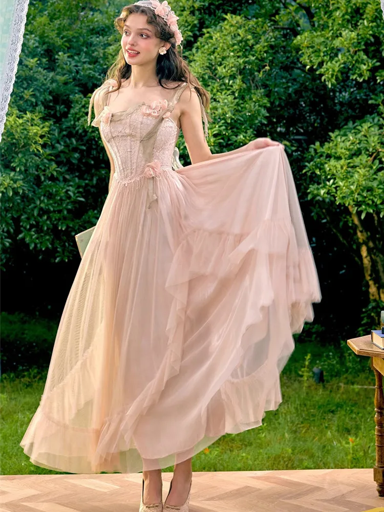 84-102 cm Büste Sommer Maxi Sling Kleider Für Frauen Elegante Dünne Rosa Spitze Mesh Hosenträger Fishbone Kleid Urlaub geburtstag Kleid