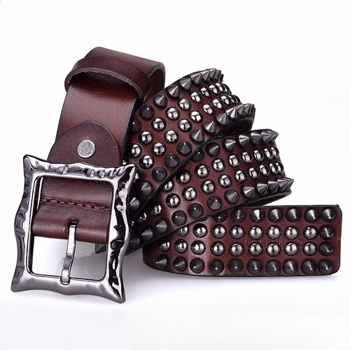 Cinturón de cuero genuino con remaches de Metal pesado para hombre, cinturones Punk con tachuelas de Rock, cinturón vaquero para hombre, cinturón de cintura para Mujer