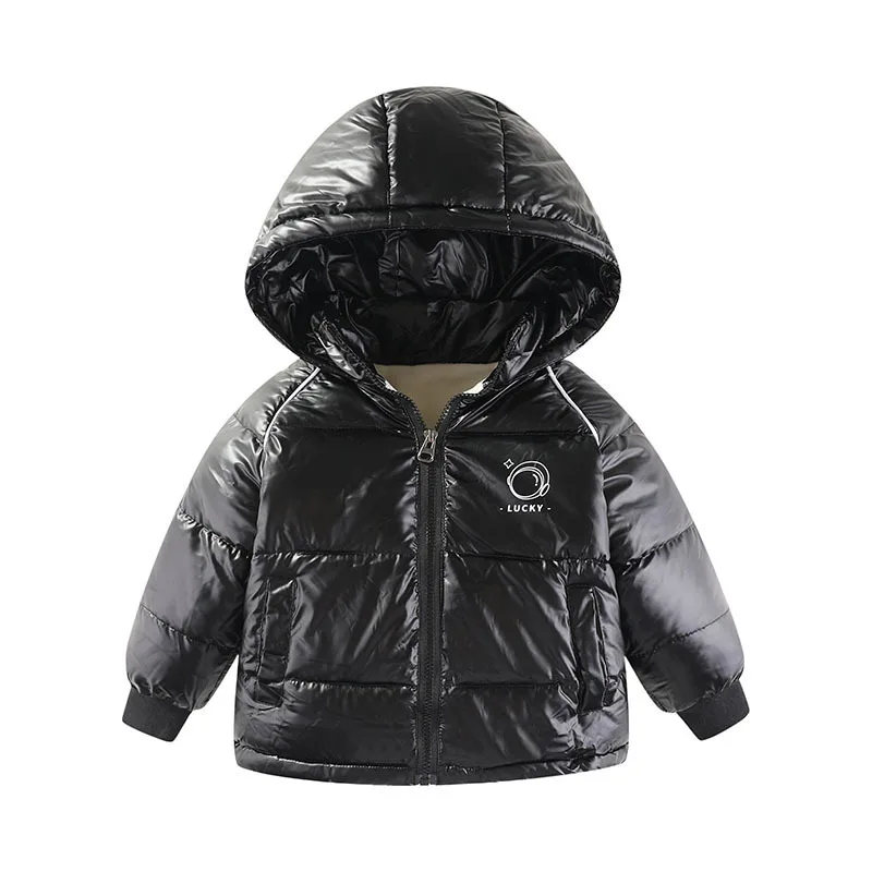 2023 Winter Boys Jacket Solid Color Glossy Cartoon Pattern Lining Plush Keep Warm Coat For 1-6Y Girls Hooded Down Cotton Outwear