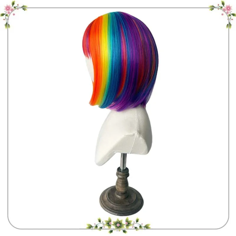 Party dance party synthetic wigs colorful bob hairstyle party Halloween cosplay wigs Coszy bangs rainbow wigs image 4