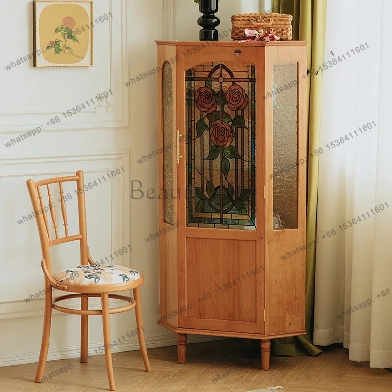 

Rose corner cabinet Cherry wood solid wood wine cabinet American retro living room triangular corner corner cabinet