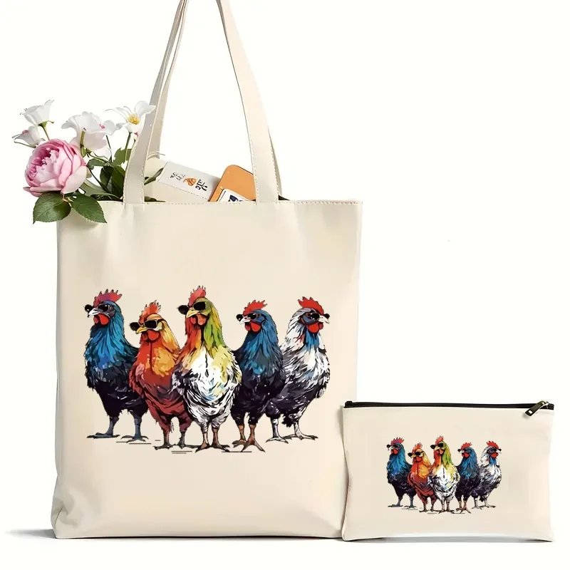 2Pcs I Love My Ladies & Chicken Graphic Print Canvas Shoulder Bag, All-Match Versatile Shopping Commuting Handbag For Women