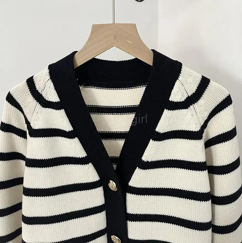 Donegirl 2023 Women Autumn New Single Row Button Loose Striped Knitted Sweater Causal Simple Cardigans Coat Female Tops Chic