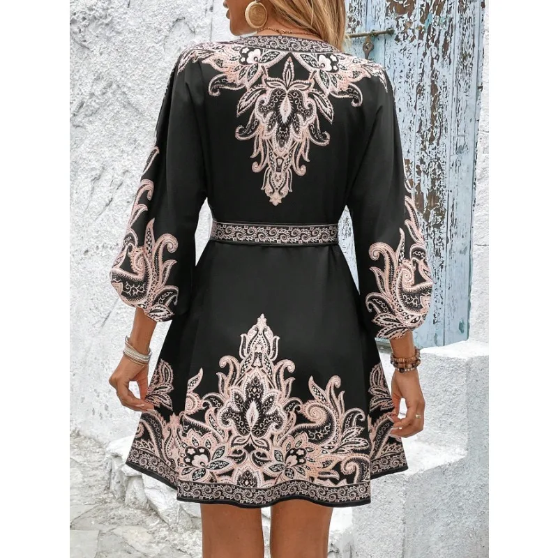 S-XXL レディースファッション Vネック 花柄プリントワンピース ウエストストラップ付き カジュアル ミドルスリーブ プリント 快適 多用途ワンピース