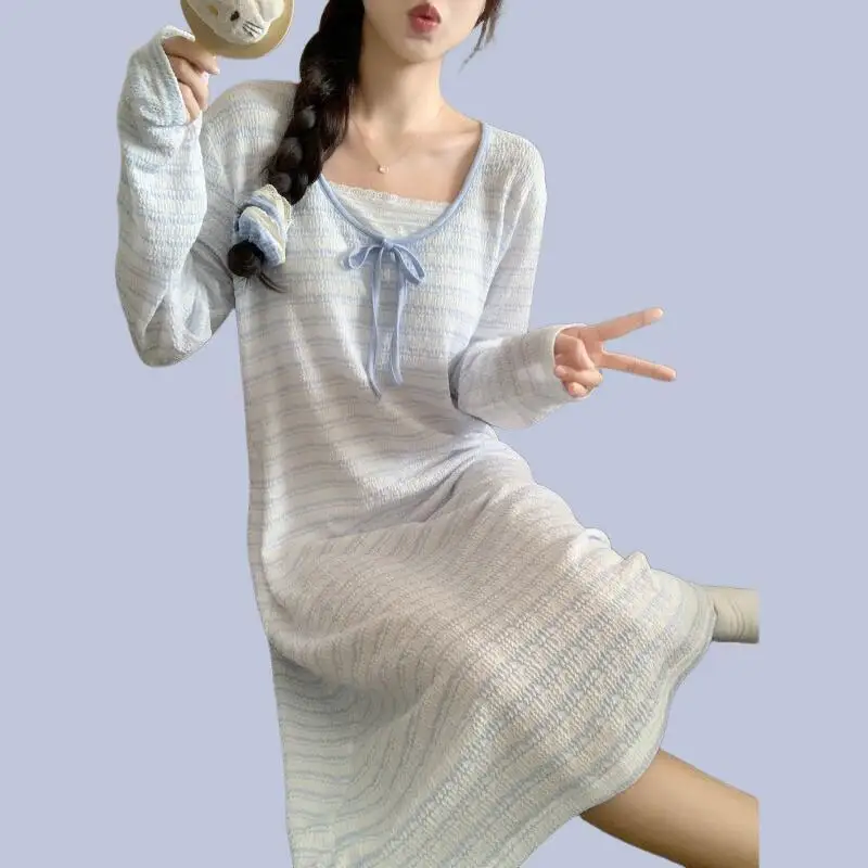 Hot Spring Autumn New Women Mid To Long Length Long Sleeved Nightgown with Chest Cushion High-End Striped Loose Dress Home Wear