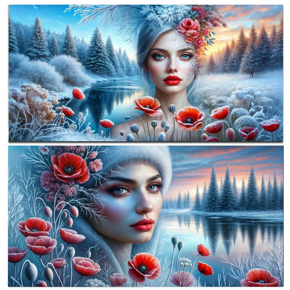 

Алмазная мозаика DIY: Зимняя Богиня с красным морозным маком, полная вышивка квадратными и круглыми стразами, вышивка крестом, декор для дома