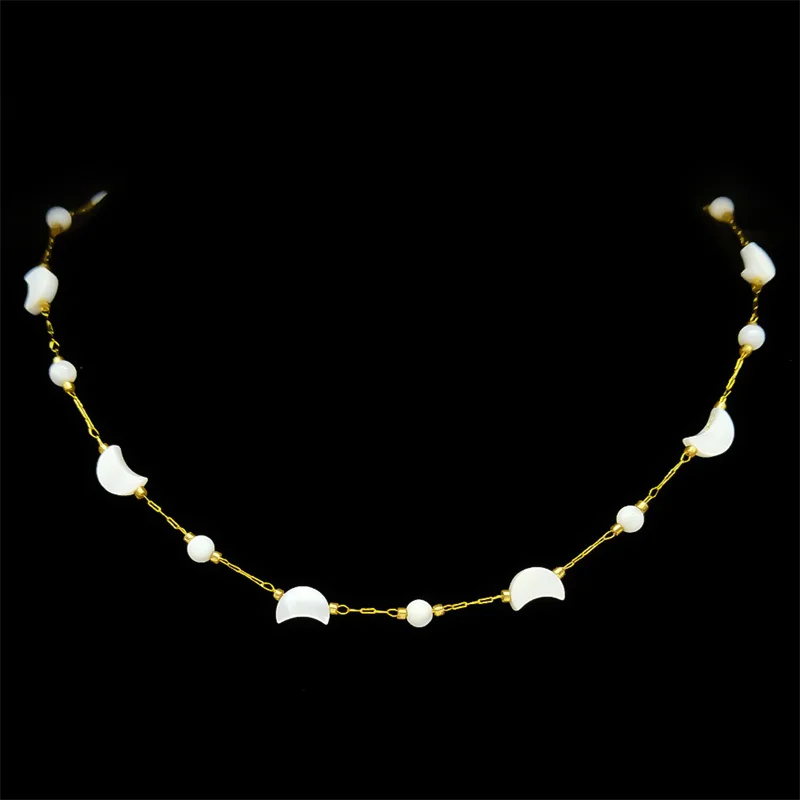 Stylish Moon Beaded Necklaces Bracelet For Women Gold Plated Stainless Steel Boho White Shell Chain Choker Jewelry LT101S02