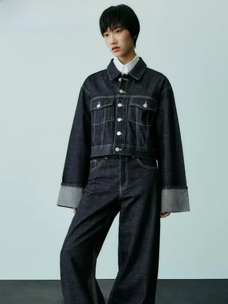 

Fall 2023 Women's Denim Jaet Cuffed Sve Button up ort Coat Loose Fit Pure Color Commute Sle Long Sve Jeans Jaet