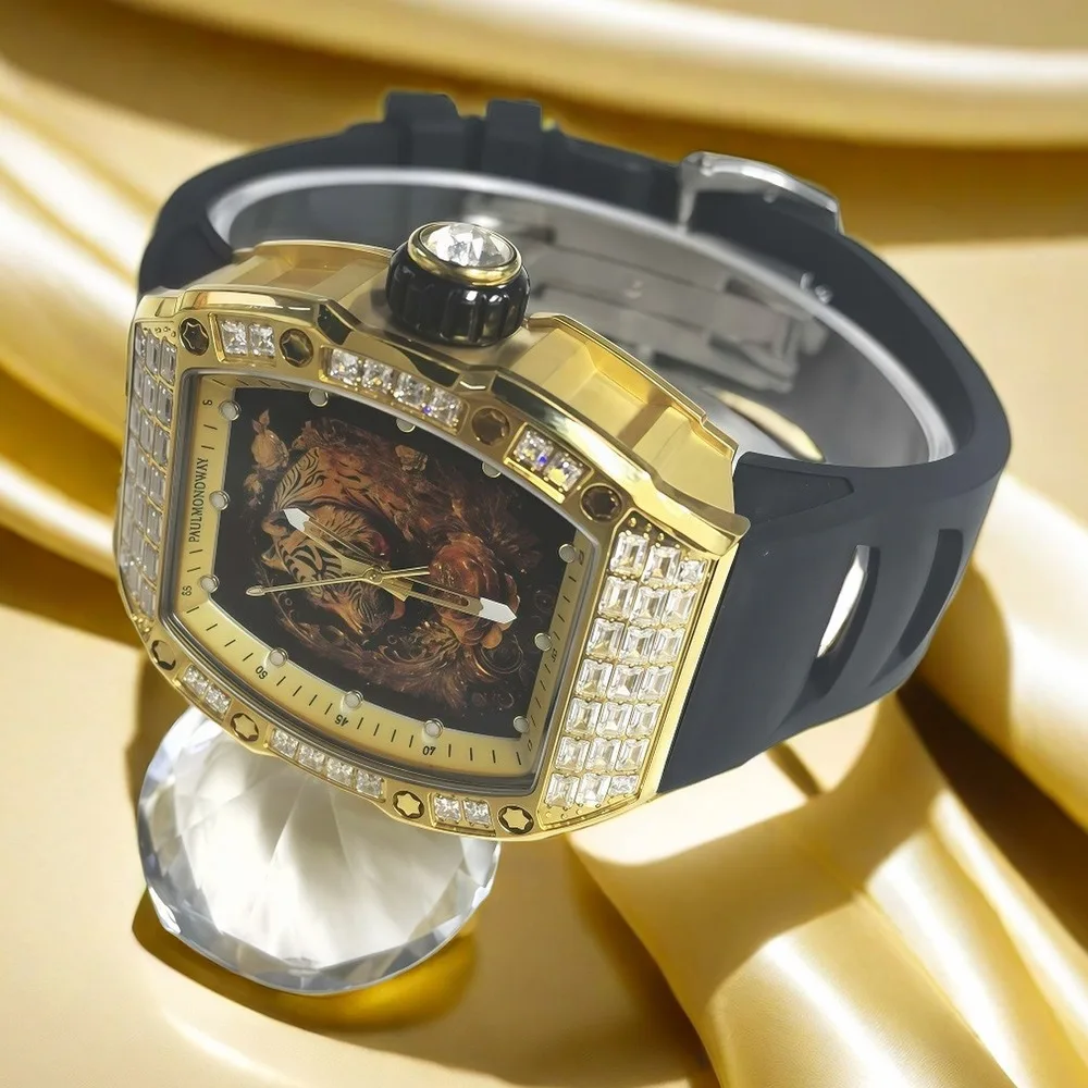 Nowy męski zegarek na rok 2025, automatyczny mechanizm, luksusowy zegarek dla mężczyzn, tarcza z motywem tygrysa, zegarek mechaniczny, wodoodporny, składane zapięcie.