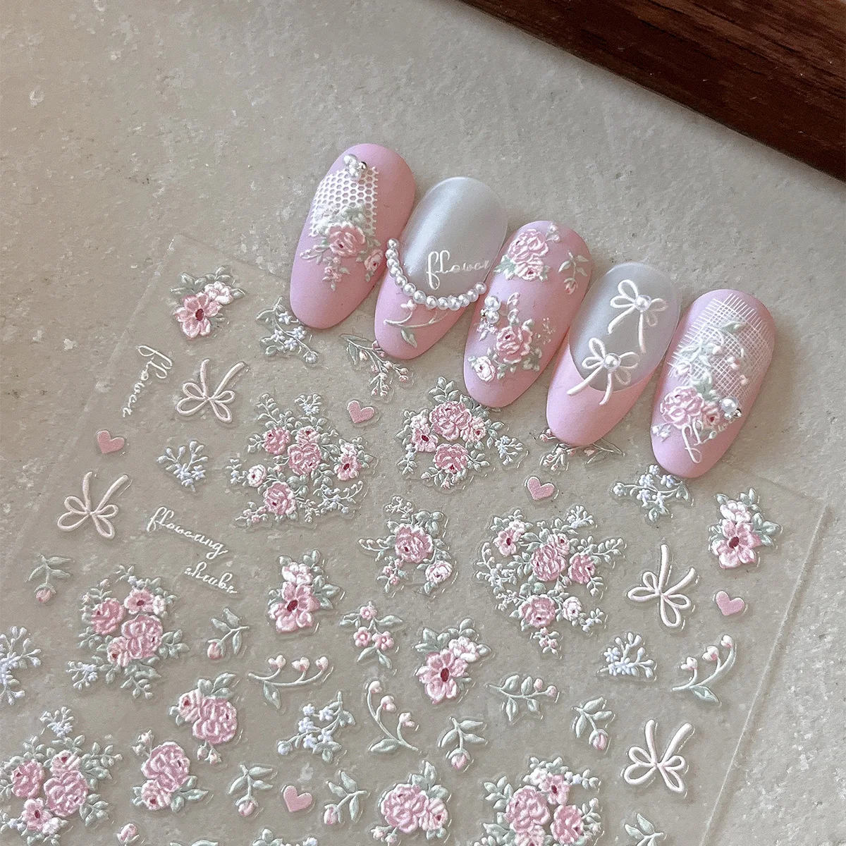 

3D Relief Pink Flower Nail Stickers Shiny Laser 3D Bow Nail Decals Adhesive Pink Heart Butterfly
