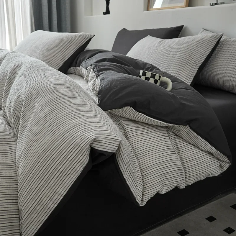 Japanese Pure Cotton Striped Jacquard Bedding Set Soft Jacquard Solid Color Duvet Cover Fitted Sheet Pillowcase King Queen Size