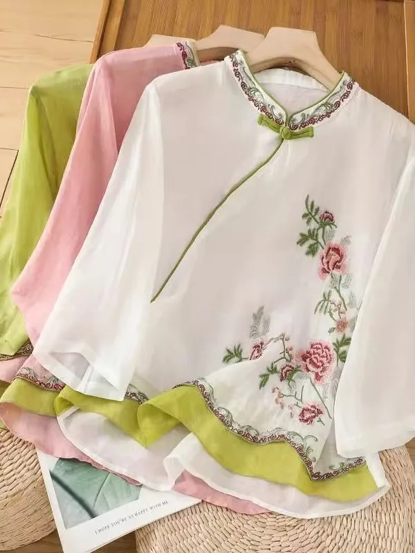 

Новая китайская хлопково-льняная одежда с вышивкой, женская летняя тонкая одежда для чая в стиле дзен, традиционный китайский элегантный топ