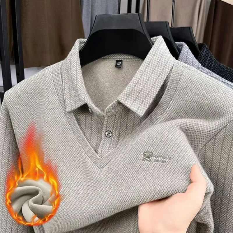 Men's Long Sleeve Polo Shirts Tees & Tops with Fleece Warm Winter Bottom Wear Casual Business T-shirts Hot Sale Autumn Clothing