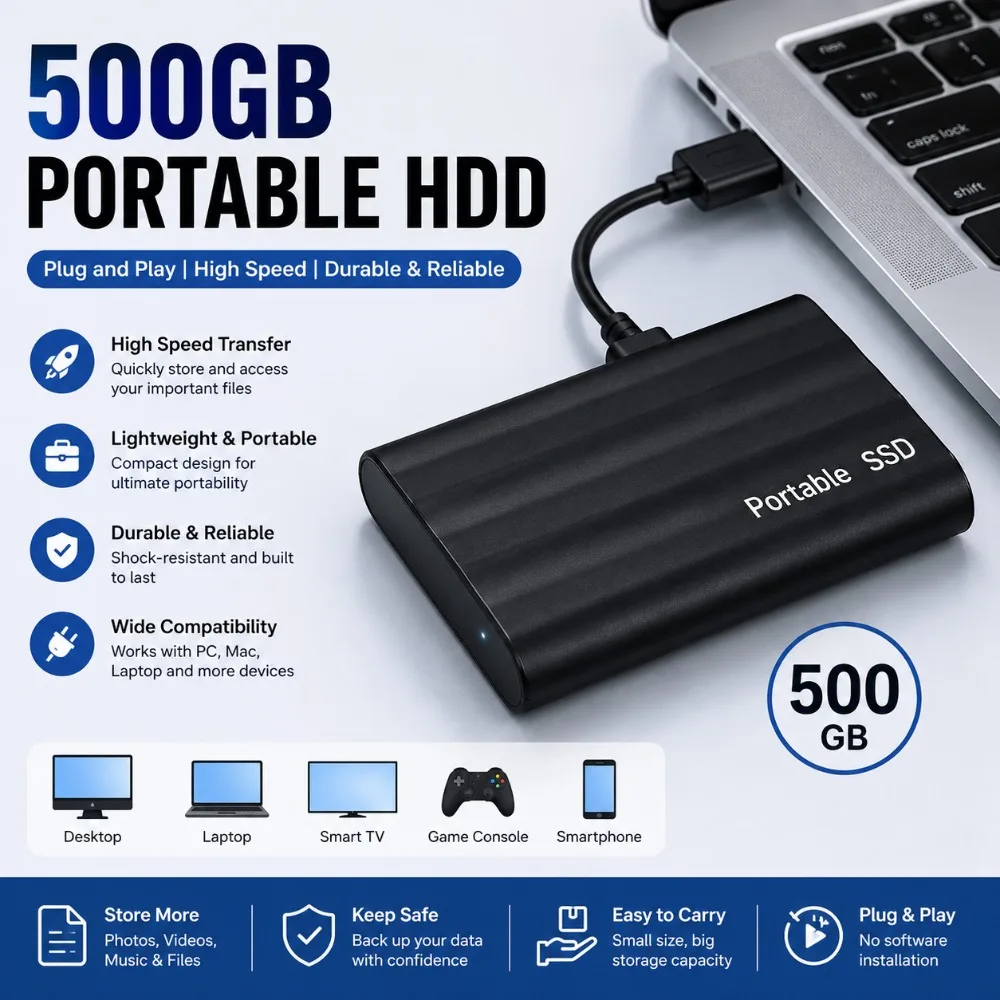 500 GB Portable HDD External Hard Drive, Lightweight Durable Storage Drive Compatible with Computer and Devices