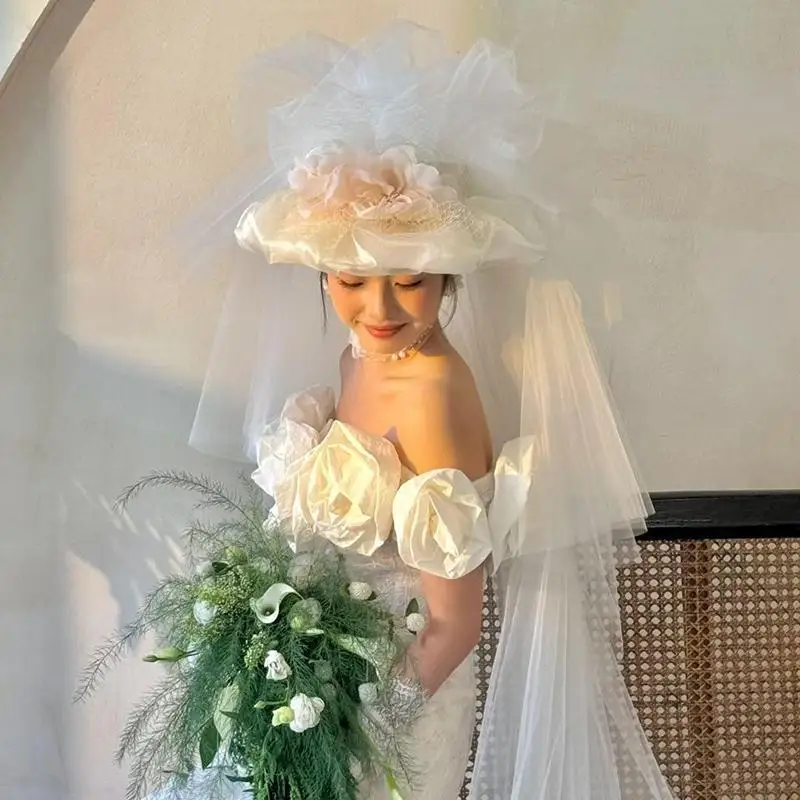 French Style Studio Weddings Photos Props 3D Flower Wedding Hat Puffy Lace Veil Vintage Champagne Color Woman Bride Hats