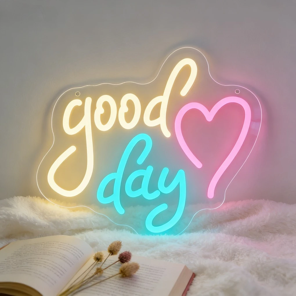 グッドデイハートledネオンサイン、ロマンチックな寝室の家の装飾ネオンライト、リビングルーム、カフェ、バー、結婚祝い、温かい壁掛けアート照明