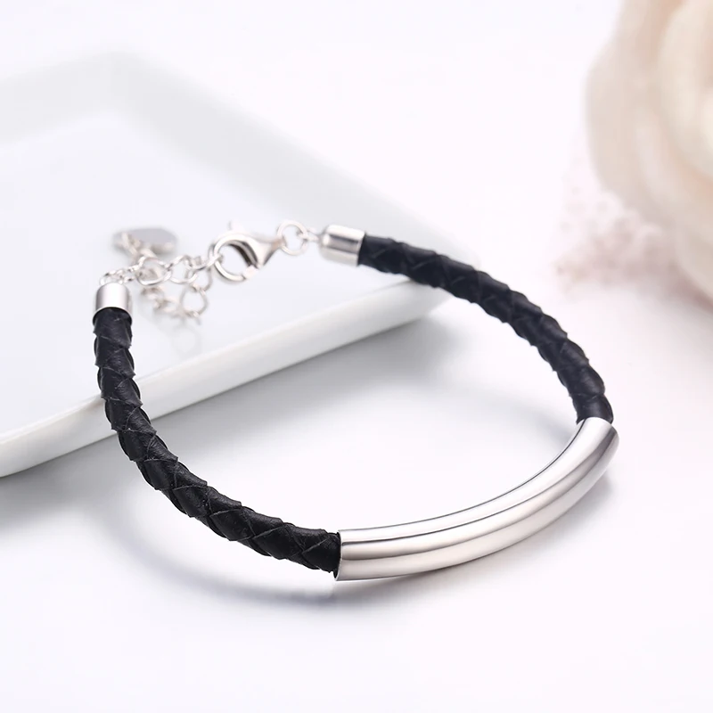 925 Sterling Silver Bar Black Genuine Leather Rope Wristband Bracelets For Women Girls Pulseras Pulseira Bracelete Best Friend