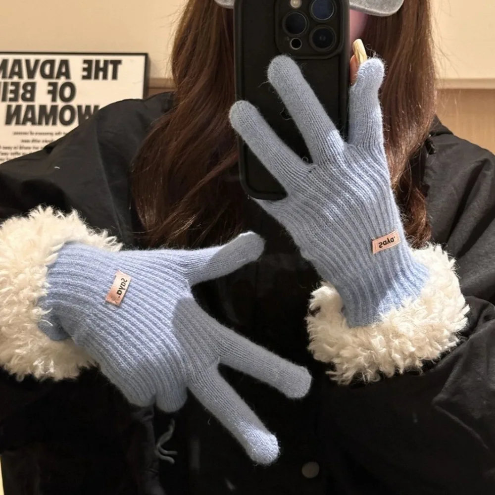 Fashion Finger-splitting Plush Edges Gloves Keep Warm Knitted Lamb Wool Gloves Cold-proof Full Finger Touch Screen Gloves Female