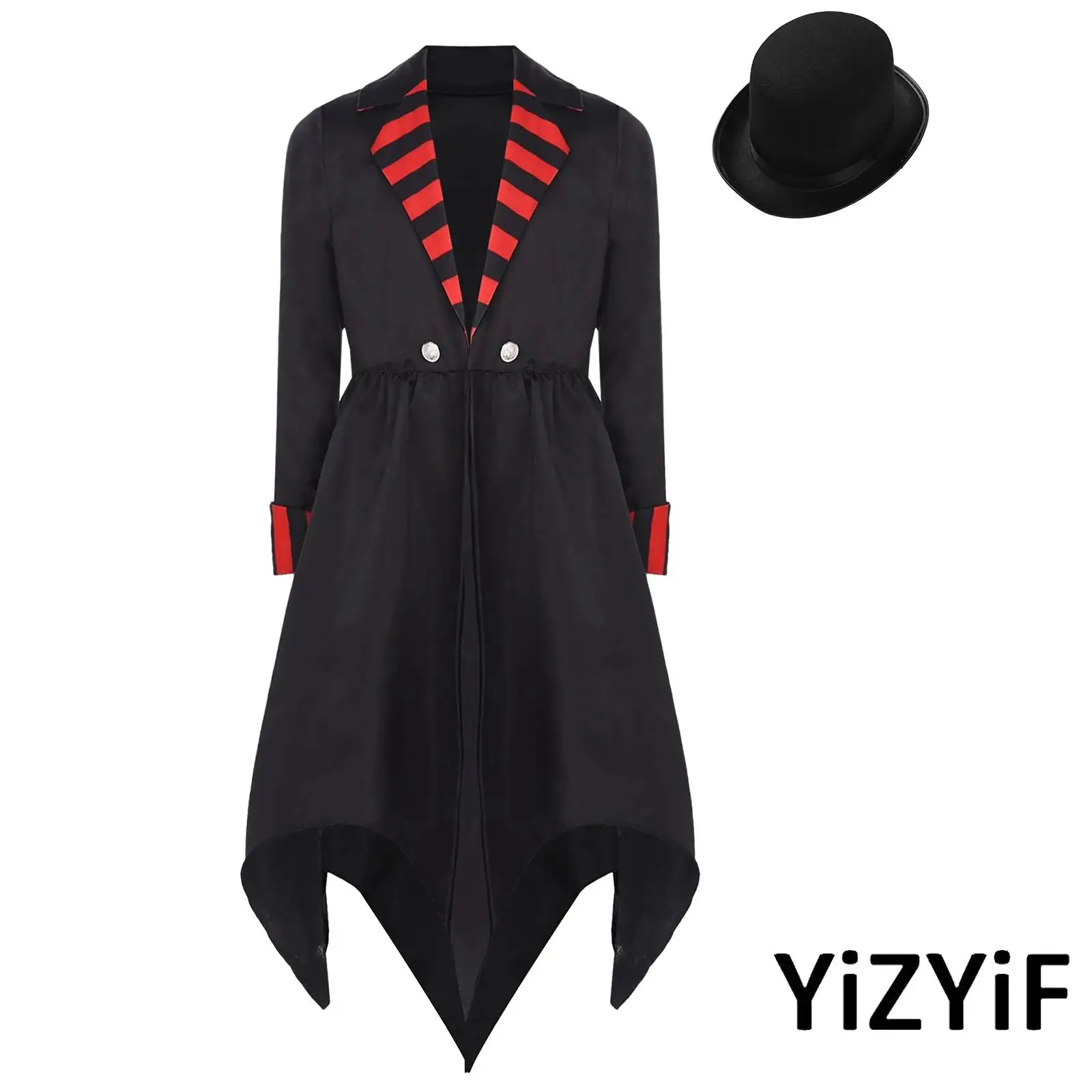 

Kids Unisex Halloween Gothic Vampire Costume Notched Long Sleeve Irregular Hem Coat with Felt Top Hat Vampire Cosplay Outfit