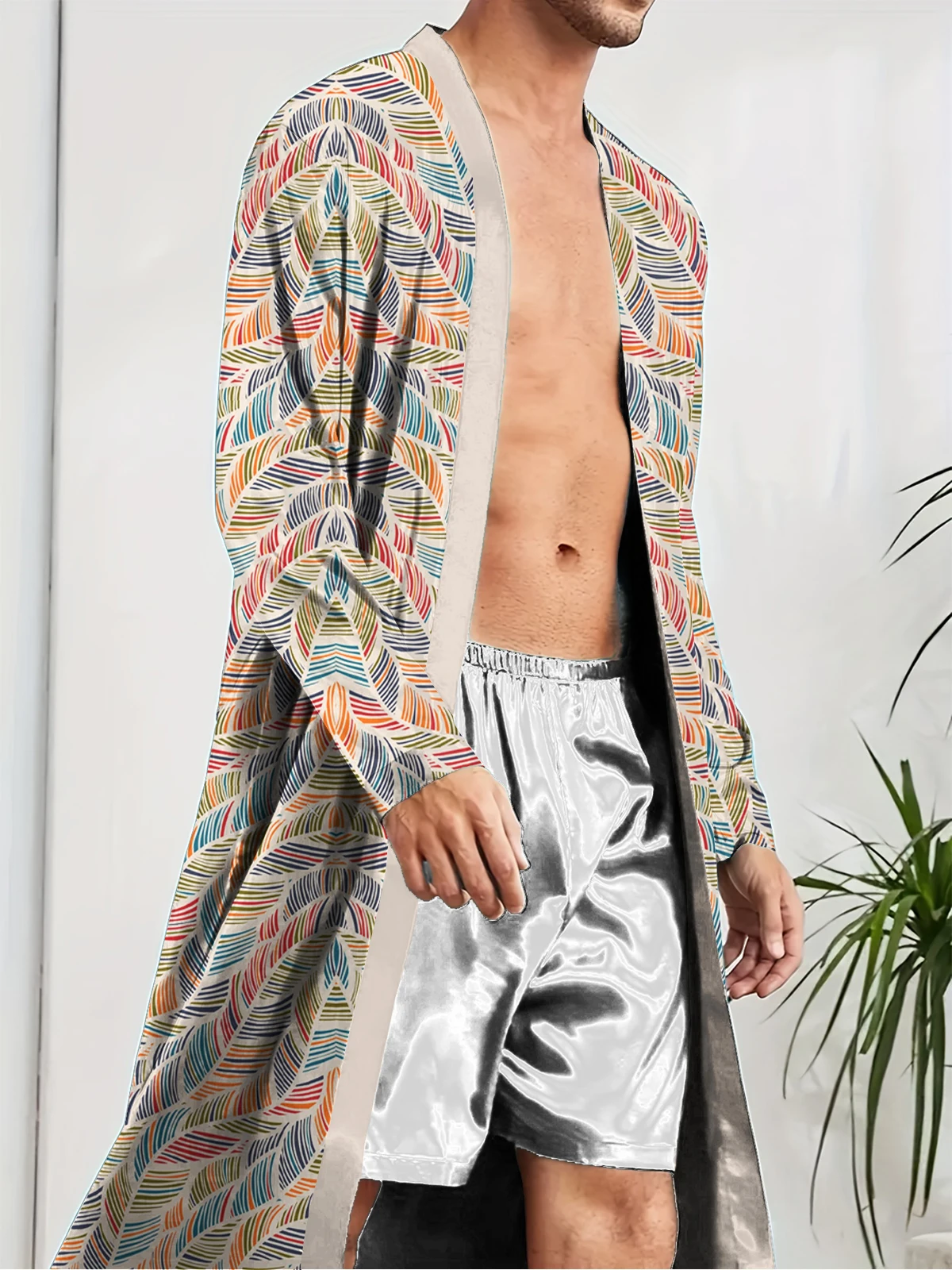 Spring and Autumn men's long robes with digital printing for quick drying, fun home sleeping robes for leisure and entertainment