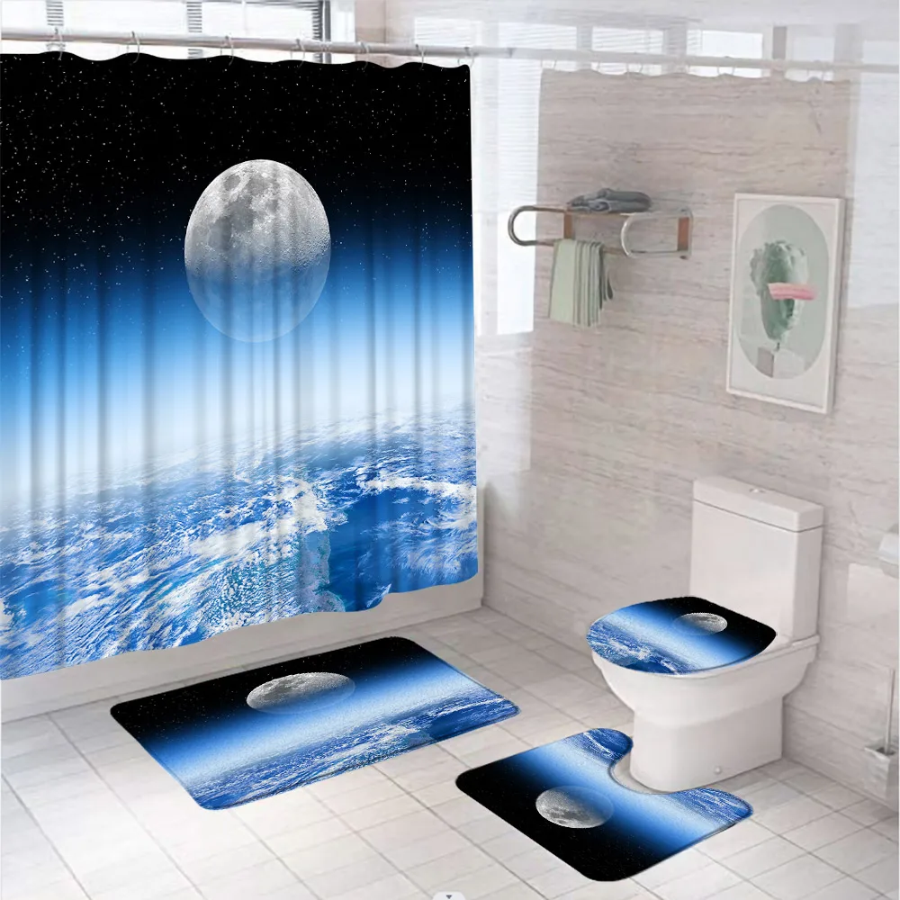 

Full Moon Sea Ocean Shower Curtains Set with Rug Toilet Cover Bath Mat Cloud Planet Star Sky Dreamy Night Scene Bathroom Curtain